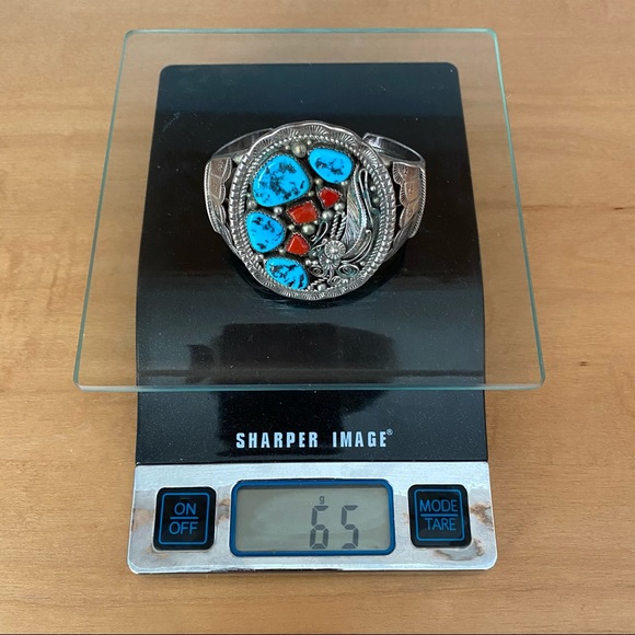 Vintage Native American Turquoise Coral Sterling Silver Cuff Bracelet - Picture 8 of 16